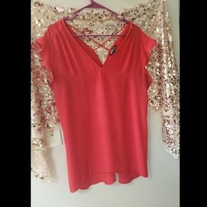 EXPRESS Red Criss Cross Back Ruffle Sleeve T Shirt